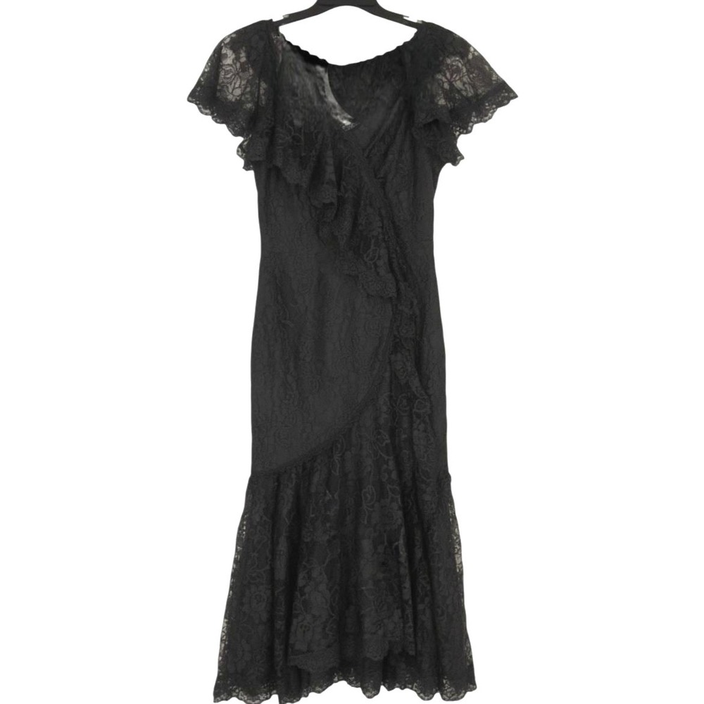Vtg New Leaf Black Chiffon Lace Beaded Back MERMAID Zip GOTHIC COCKTAIL Dress S